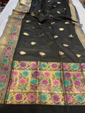 Dark Grey Banarasi Handloom Kora Silk Saree - Aura Benaras