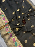 Dark Grey Banarasi Handloom Kora Silk Saree - Aura Benaras