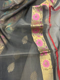 Dark Grey Banarasi Handloom Kora Silk Saree - Aura Benaras