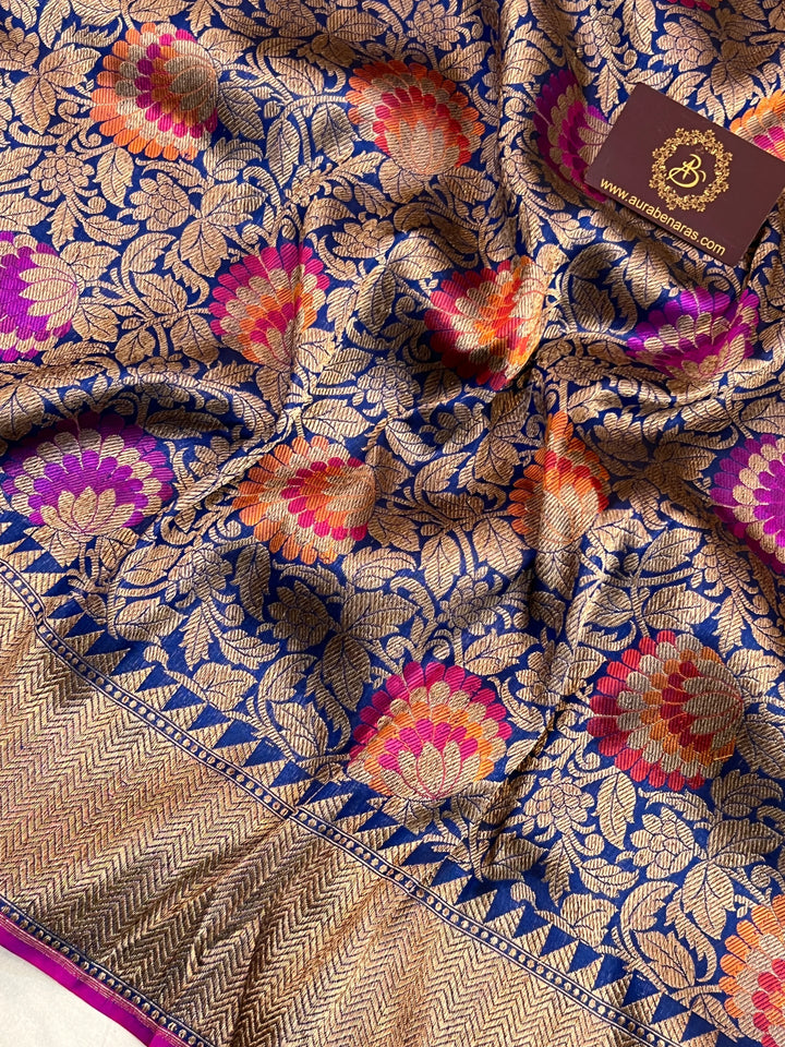 Royal Blue Katan Silk Banarasi Saree | Handloom Jaal 