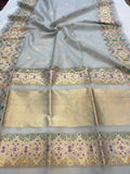 Ash Grey Banarasi Handloom Kora Silk Saree - Aura Benaras