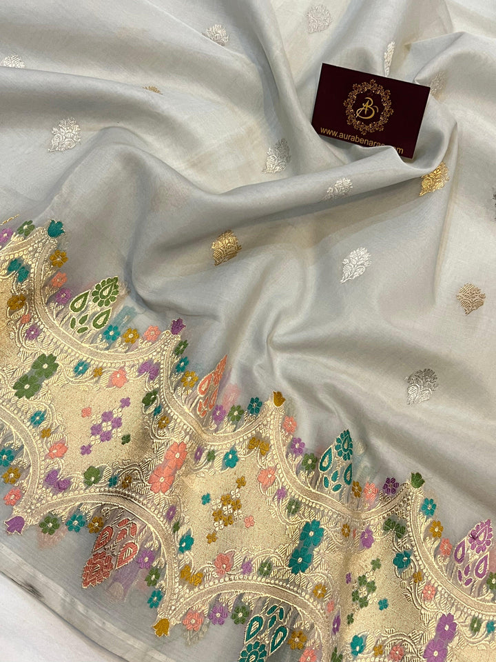 Ash Grey Banarasi Handloom Kora Silk Saree - Aura Benaras