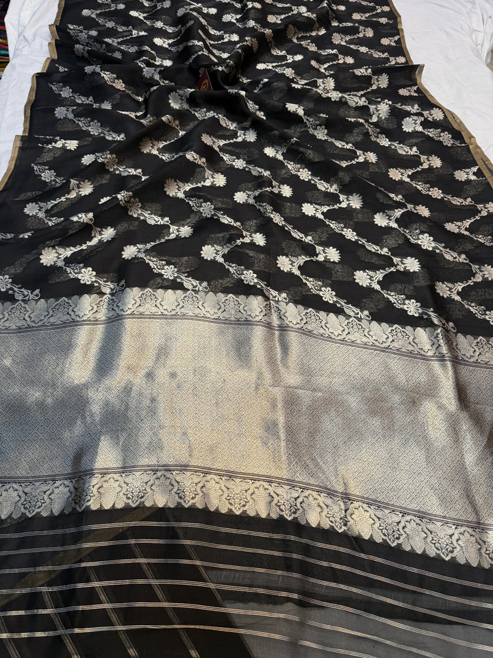 Black Pure Kora Silk Handloom Banarasi Saree