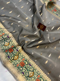  Grey Banarasi Handloom Kora Silk Saree - Aura Benaras