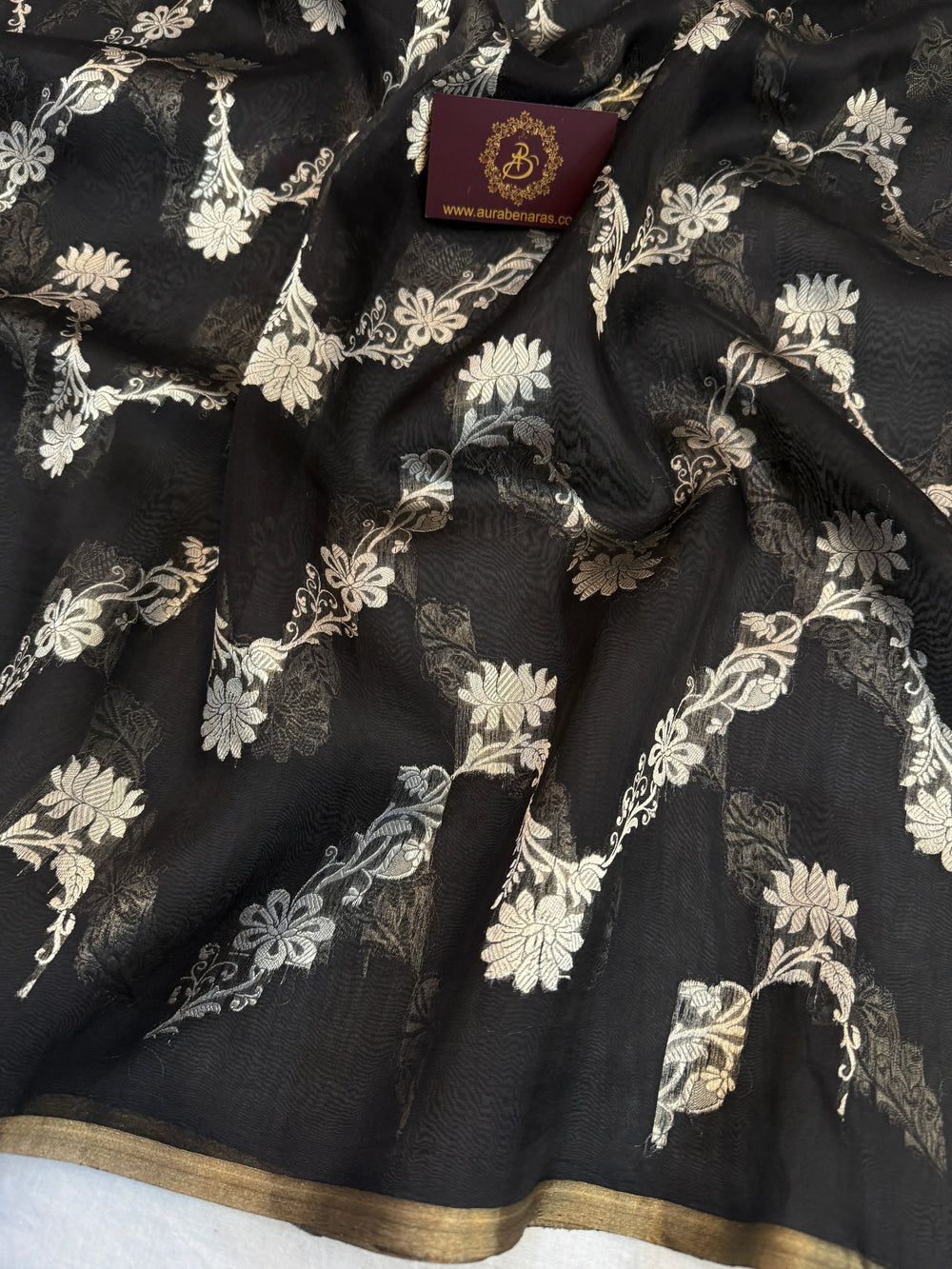 Black Pure Kora Silk Handloom Banarasi Saree
