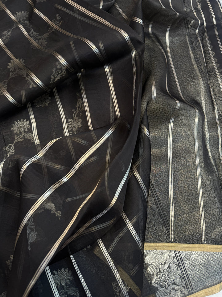Black Pure Kora Silk Handloom Banarasi Saree
