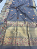  Bluish Grey Banarasi Handloom Kora Silk Saree - Aura Benaras