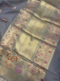  Bluish Grey Banarasi Handloom Kora Silk Saree - Aura Benaras