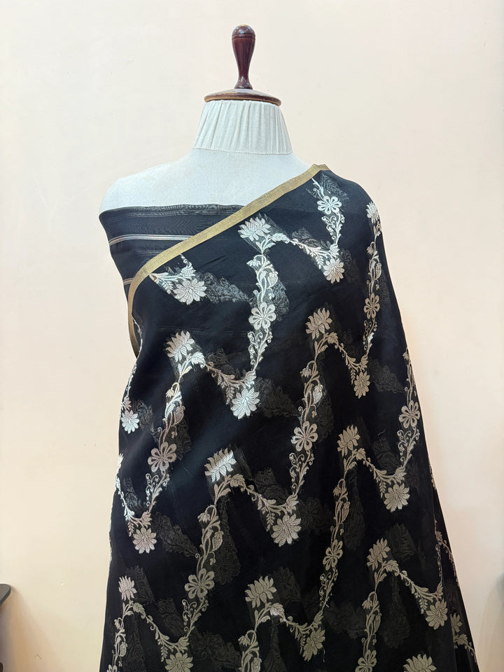 Black Pure Kora Silk Handloom Banarasi Saree