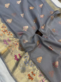  Bluish Grey Banarasi Handloom Kora Silk Saree - Aura Benaras