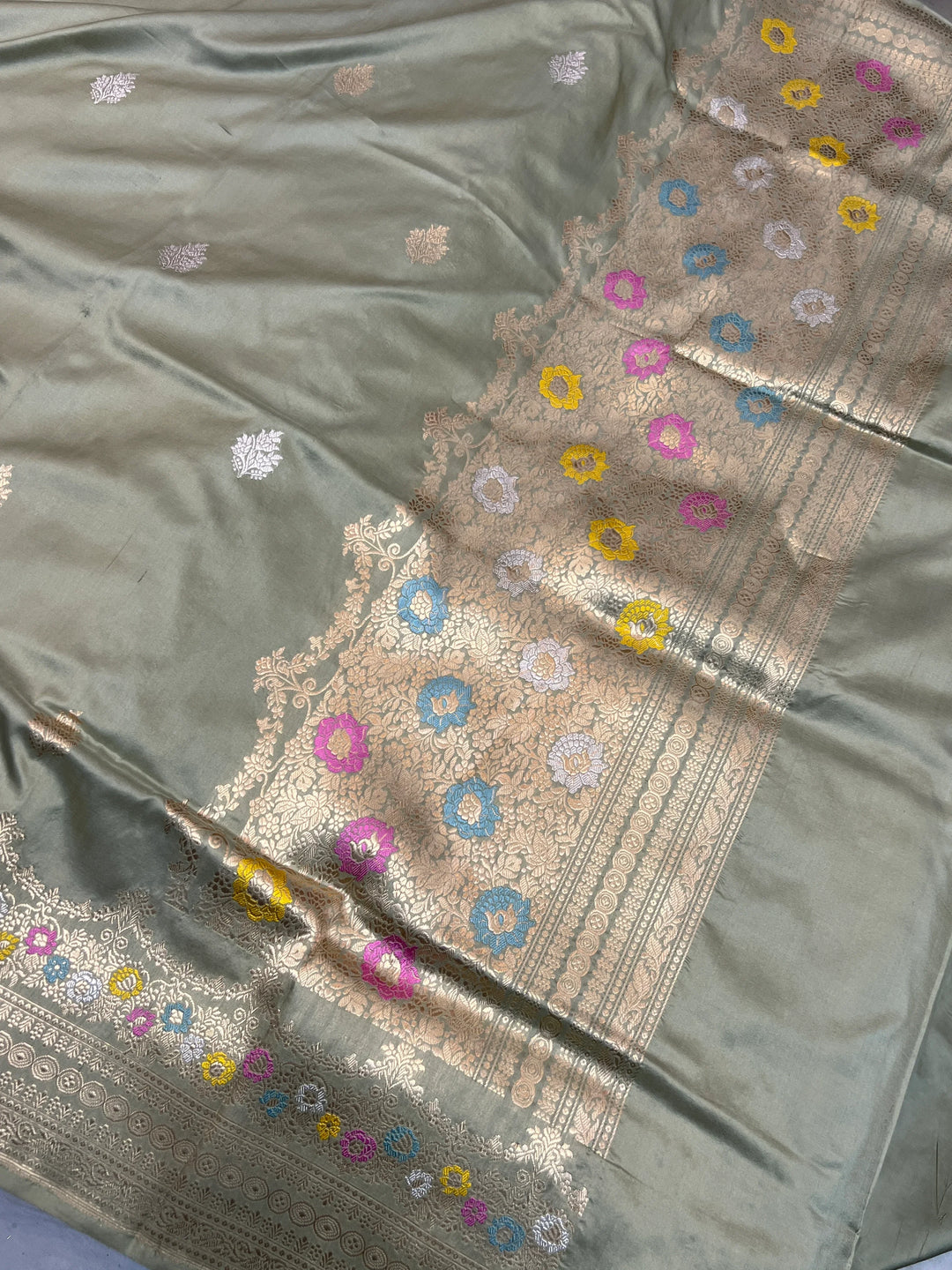 Sage Grey Pure Katan Silk Handloom Banarasi Saree