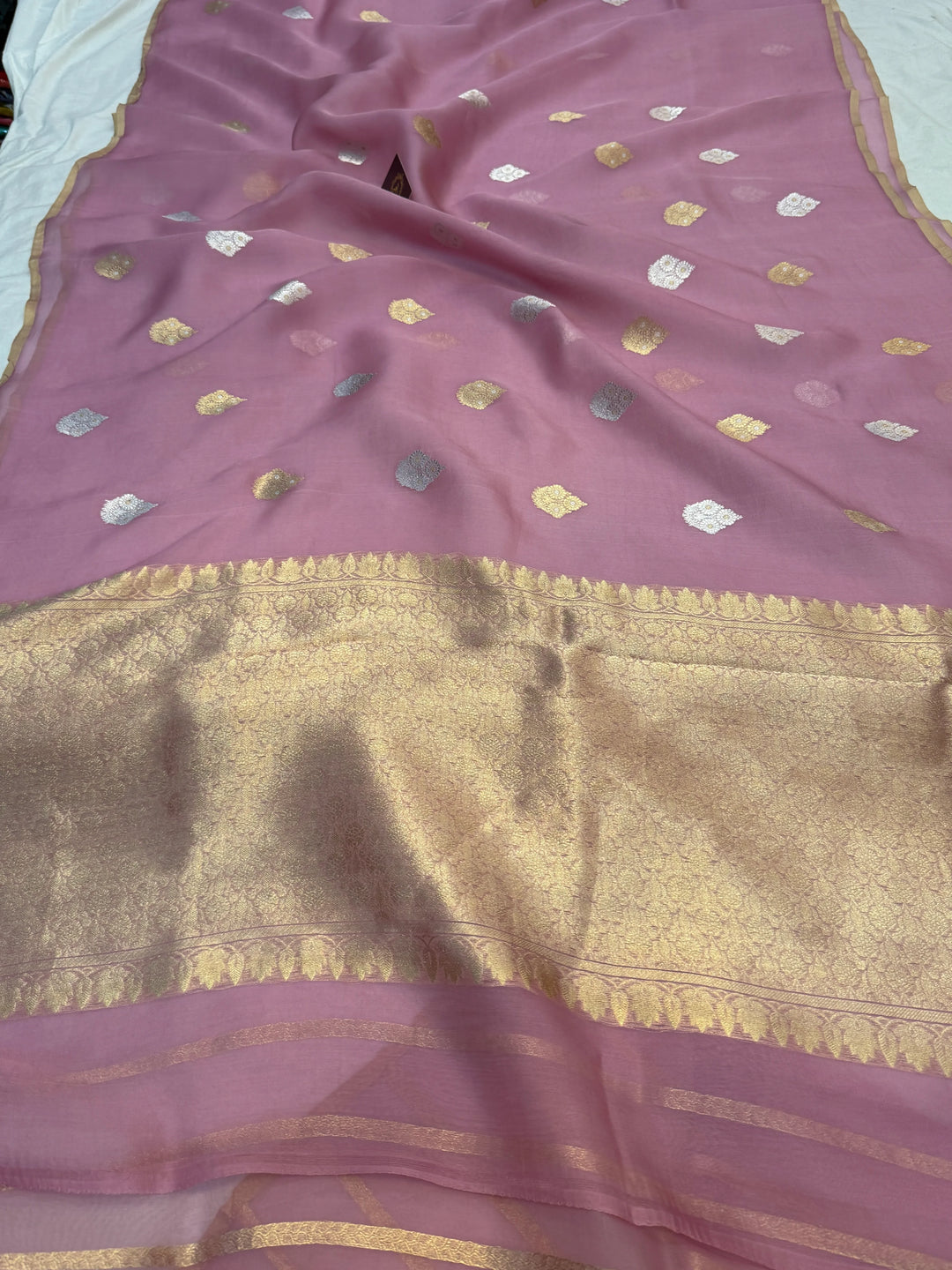 Pastel Pink Kora Silk Banarasi Saree with Sona Rupa Butis