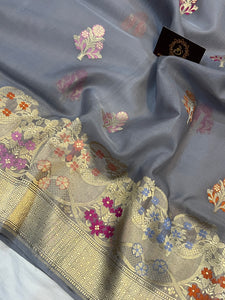  Bluish Grey Banarasi Handloom Kora Silk Saree - Aura Benaras