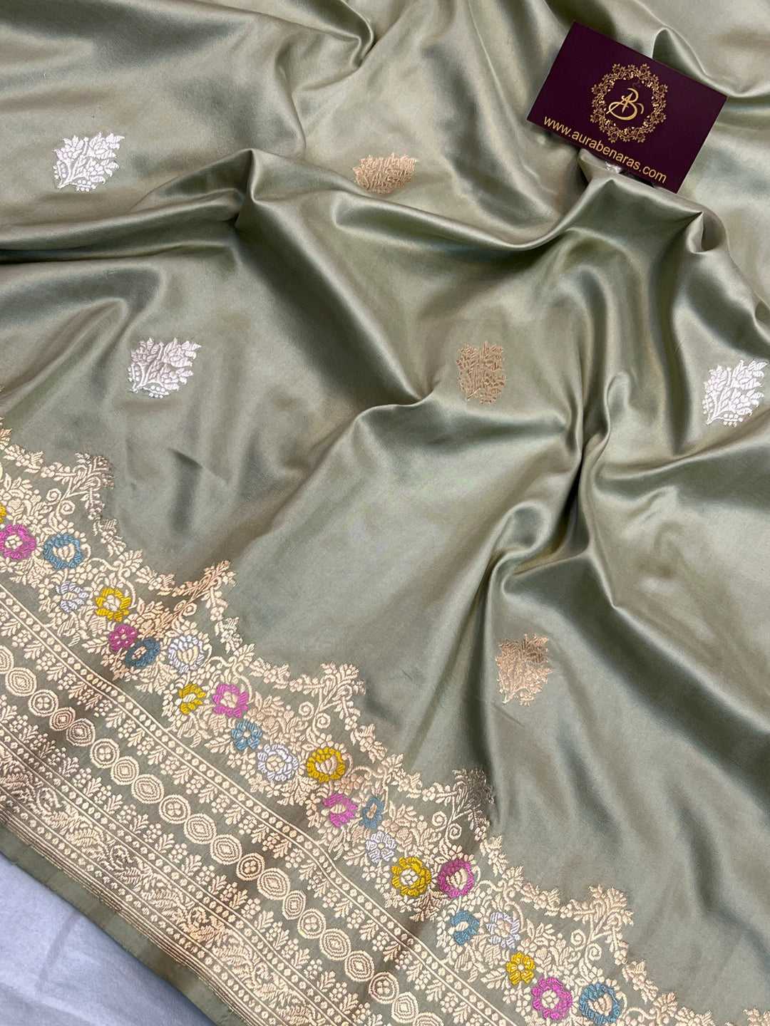 Sage Grey Pure Katan Silk Handloom Banarasi Saree