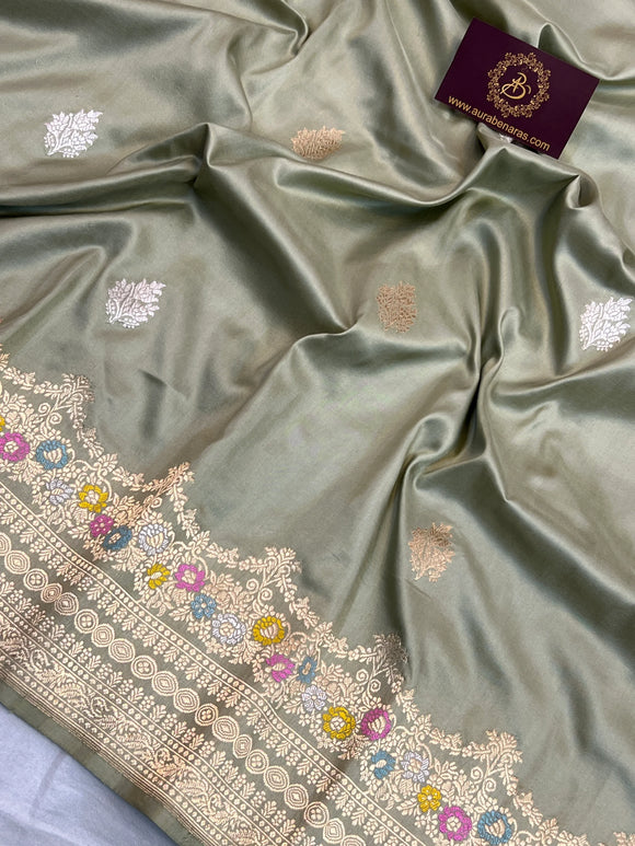 Sage Grey Pure Katan Silk Handloom Banarasi Saree