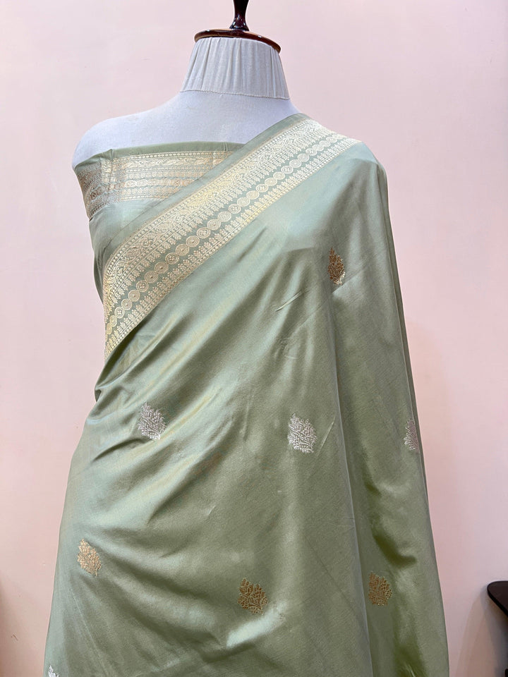 Sage Grey Pure Katan Silk Handloom Banarasi Saree