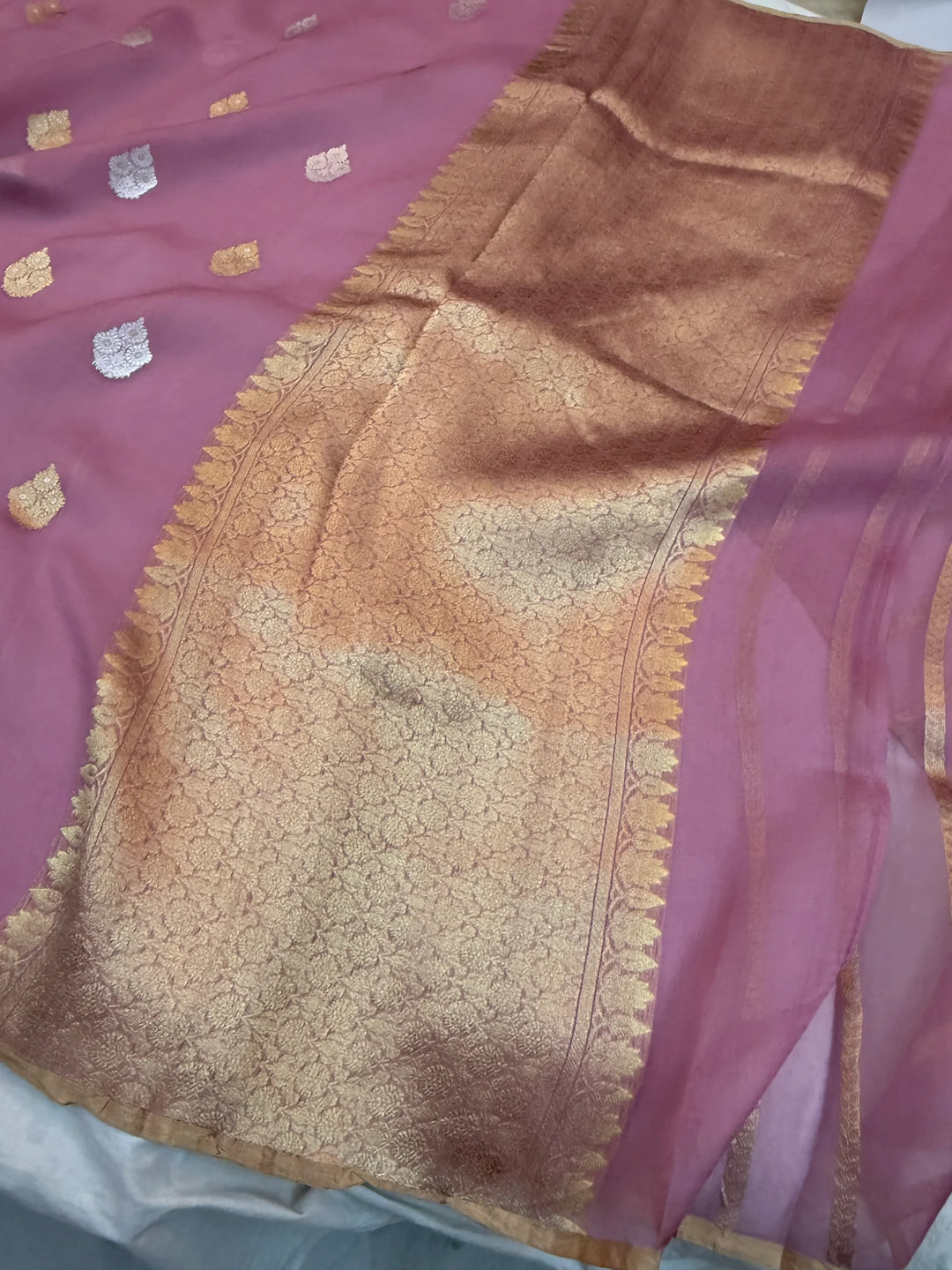 Pastel Pink Kora Silk Banarasi Saree with Sona Rupa Butis