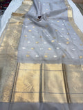 Ash Grey Banarasi Handloom Kora Silk Saree - Aura Benaras