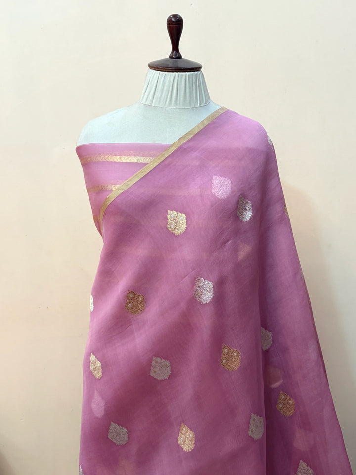 Pastel Pink Kora Silk Banarasi Saree with Sona Rupa Butis