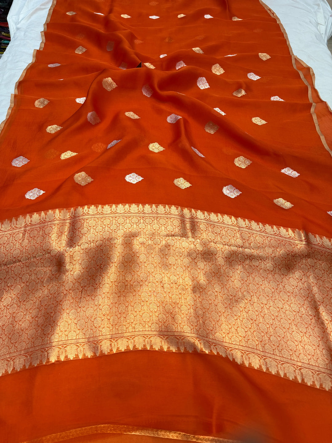 Orange Pure Kora Silk Handloom Banarasi Saree