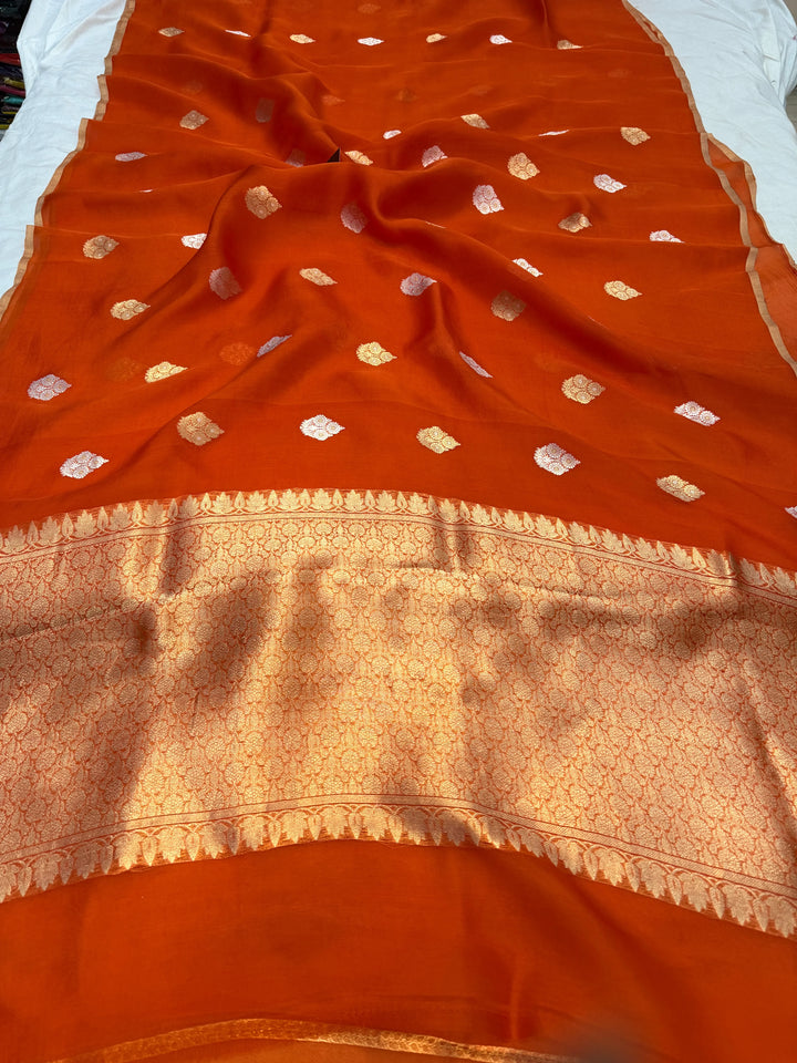 Orange Pure Kora Silk Handloom Banarasi Saree