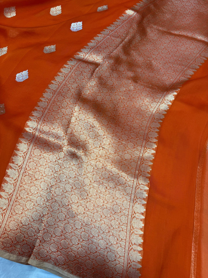 Orange Pure Kora Silk Handloom Banarasi Saree