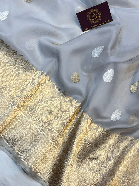 Ash Grey Banarasi Handloom Kora Silk Saree - Aura Benaras