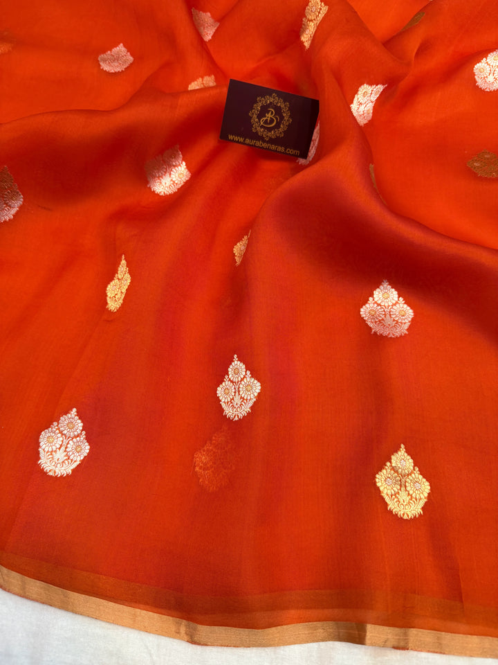 Orange Pure Kora Silk Handloom Banarasi Saree