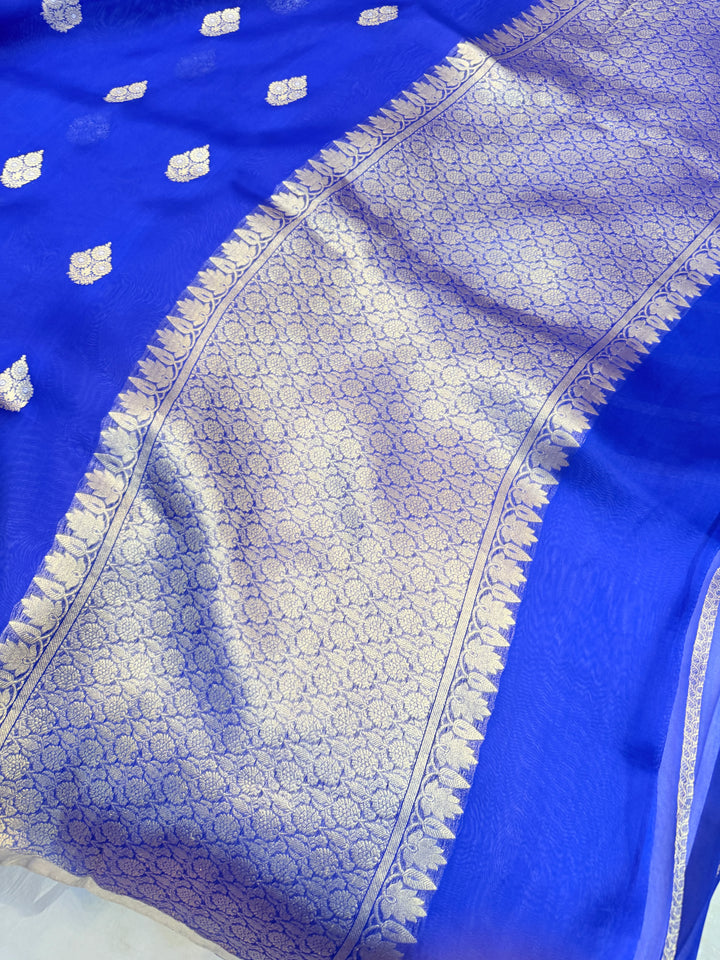 Royal Blue Pure Kora Silk Handloom Banarasi Saree