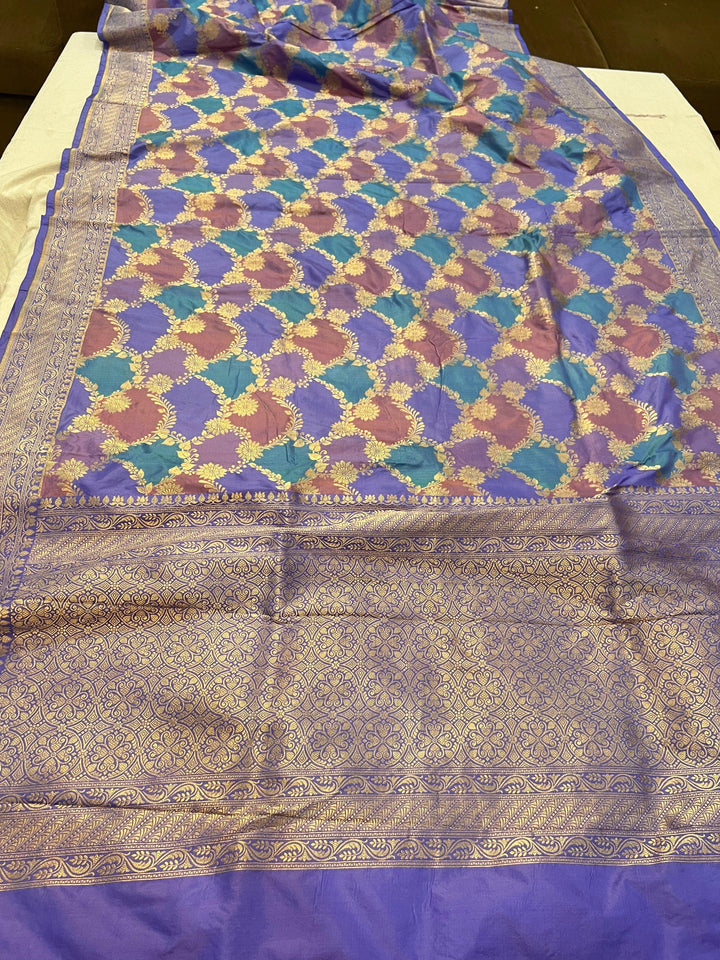 Pure Banarasi Rangkaat Katan silk saree with cutwork golden zari jaal in multicolor weave