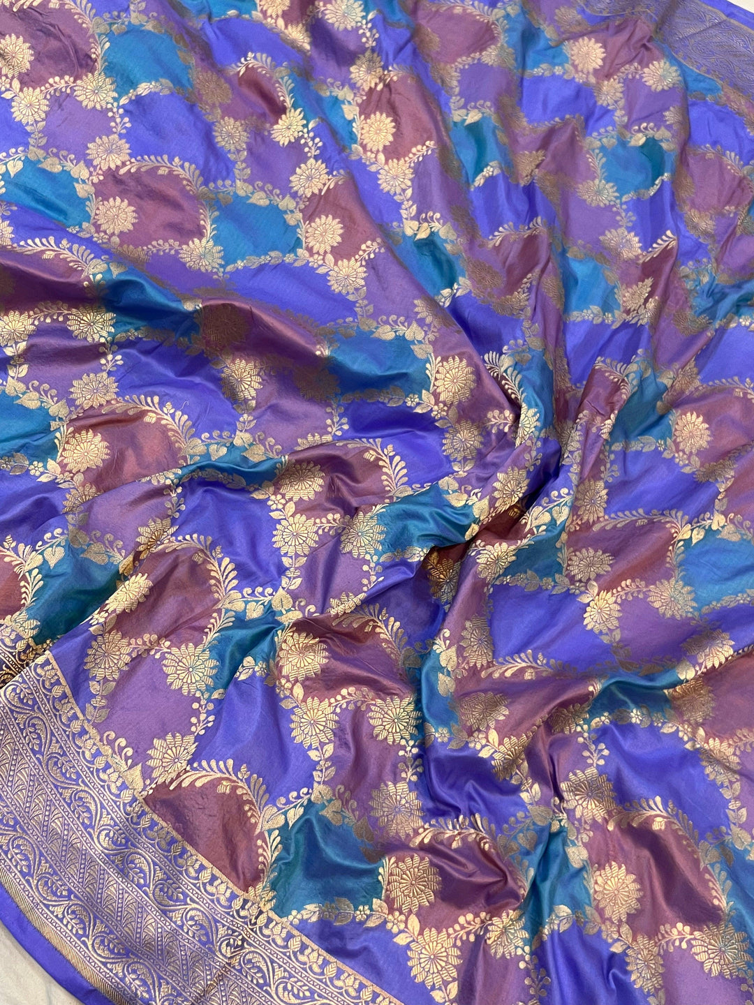 Multicolor Banarasi Rangkaat silk saree with cutwork golden zari jaal – handloom design