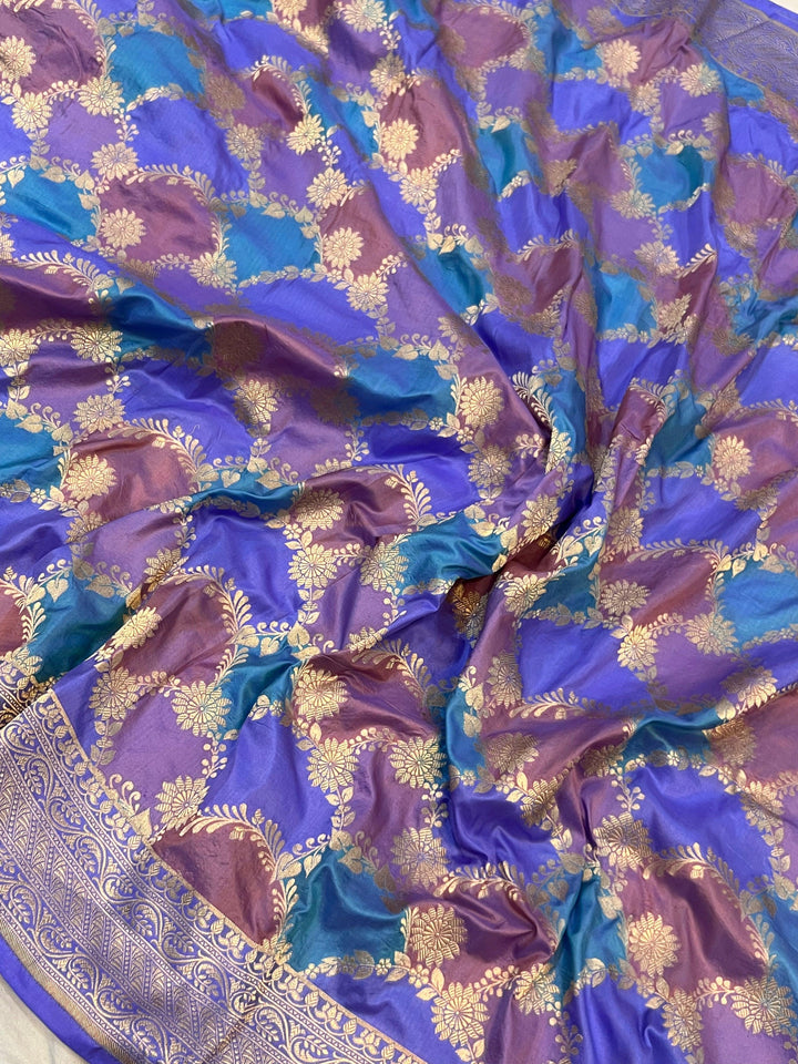 Multicolor Banarasi Rangkaat silk saree with cutwork golden zari jaal – handloom design