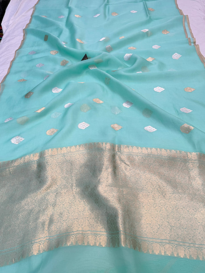 Mint Green Kora Silk Banarasi Saree with Sona Rupa Butis