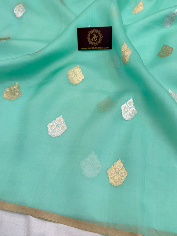 Mint Green Kora Silk Banarasi Saree with Sona Rupa Butis