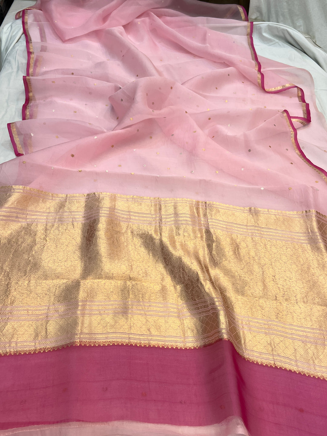 Baby Pink Kora Silk Banarasi Saree with Zari Butis 