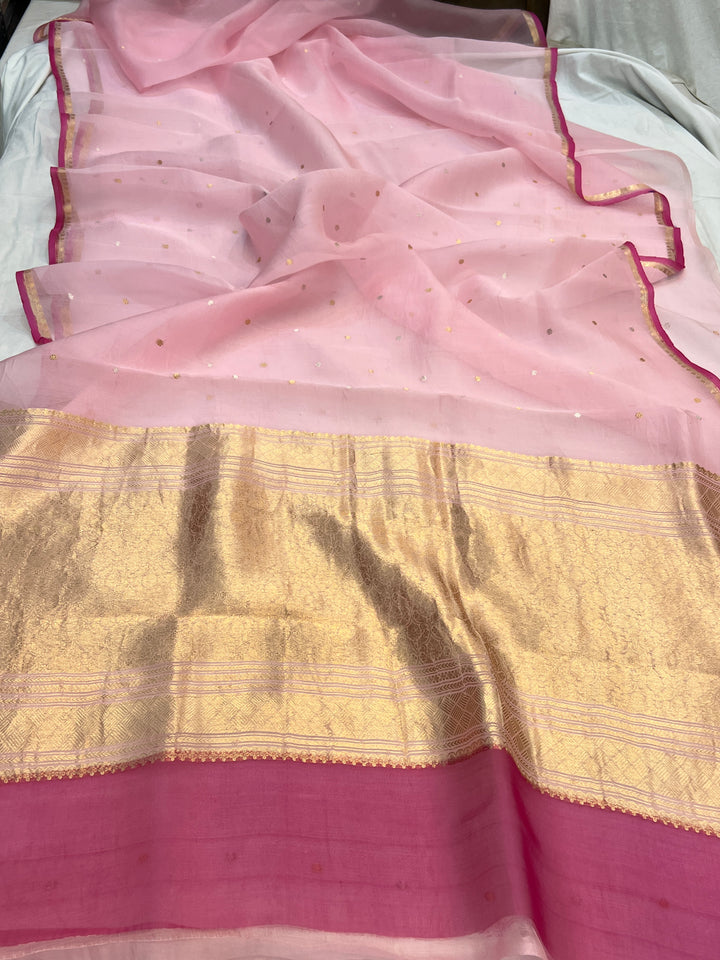 Baby Pink Kora Silk Banarasi Saree with Zari Butis 