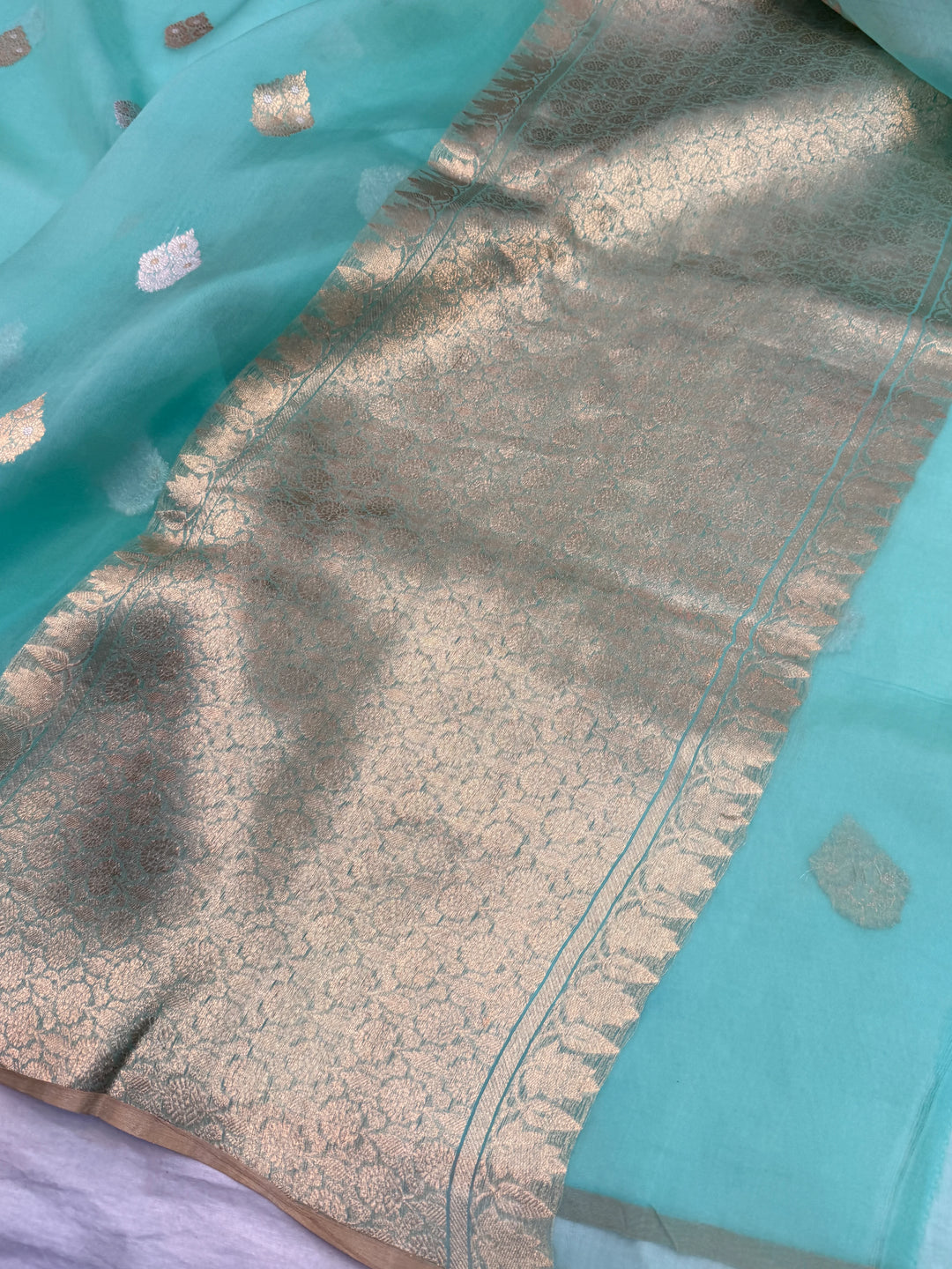 Mint Green Kora Silk Banarasi Saree with Sona Rupa Butis