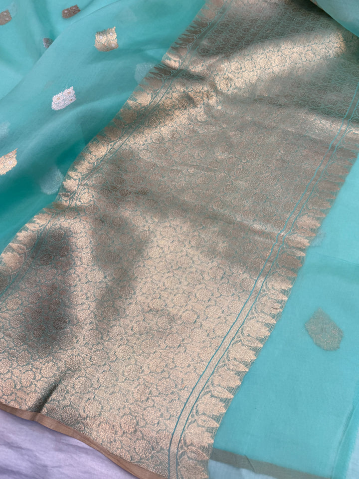 Mint Green Kora Silk Banarasi Saree with Sona Rupa Butis