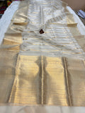 White Banarasi Handloom Kora Silk Saree - Aura Benaras