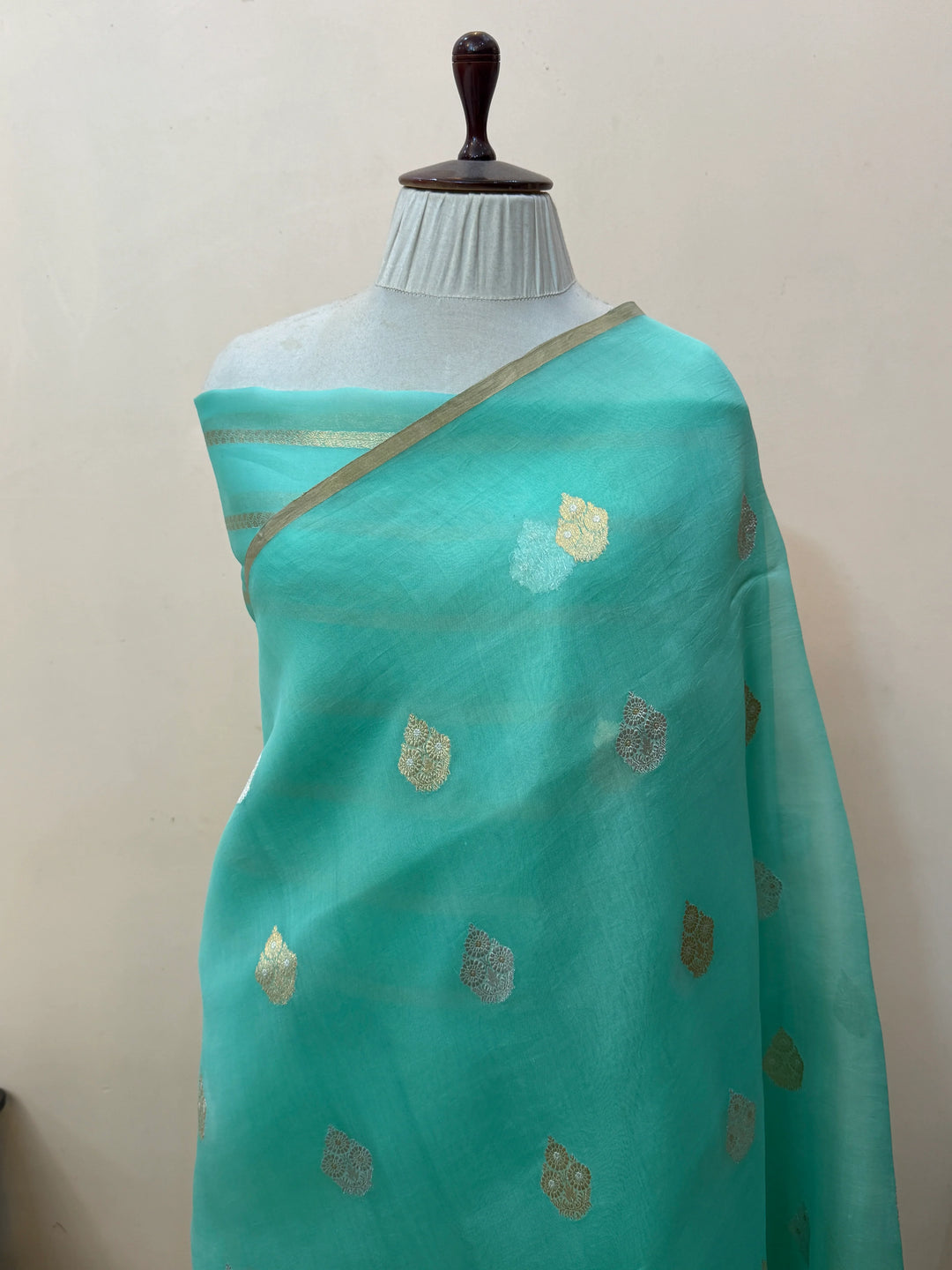 Mint Green Kora Silk Banarasi Saree with Sona Rupa Butis