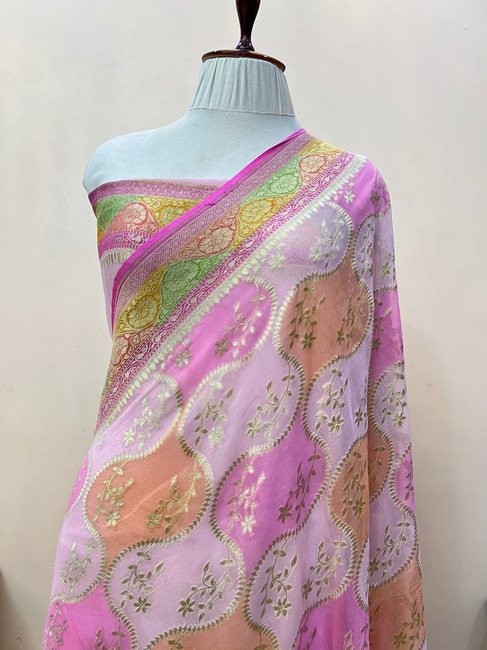Pure Banarasi Khaddi Georgette Saree with Golden Jaal Work