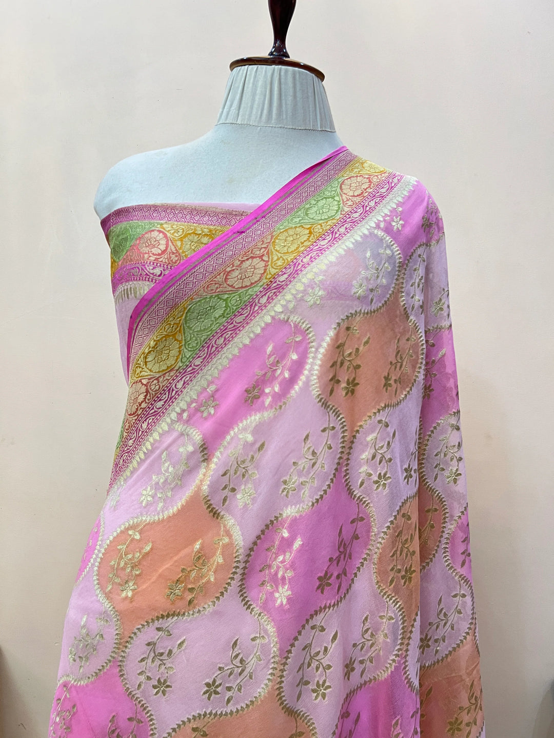 Pure Banarasi Khaddi Georgette Saree with Golden Jaal Work