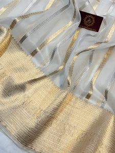 White Pure Banarasi Handloom Kora Silk Saree