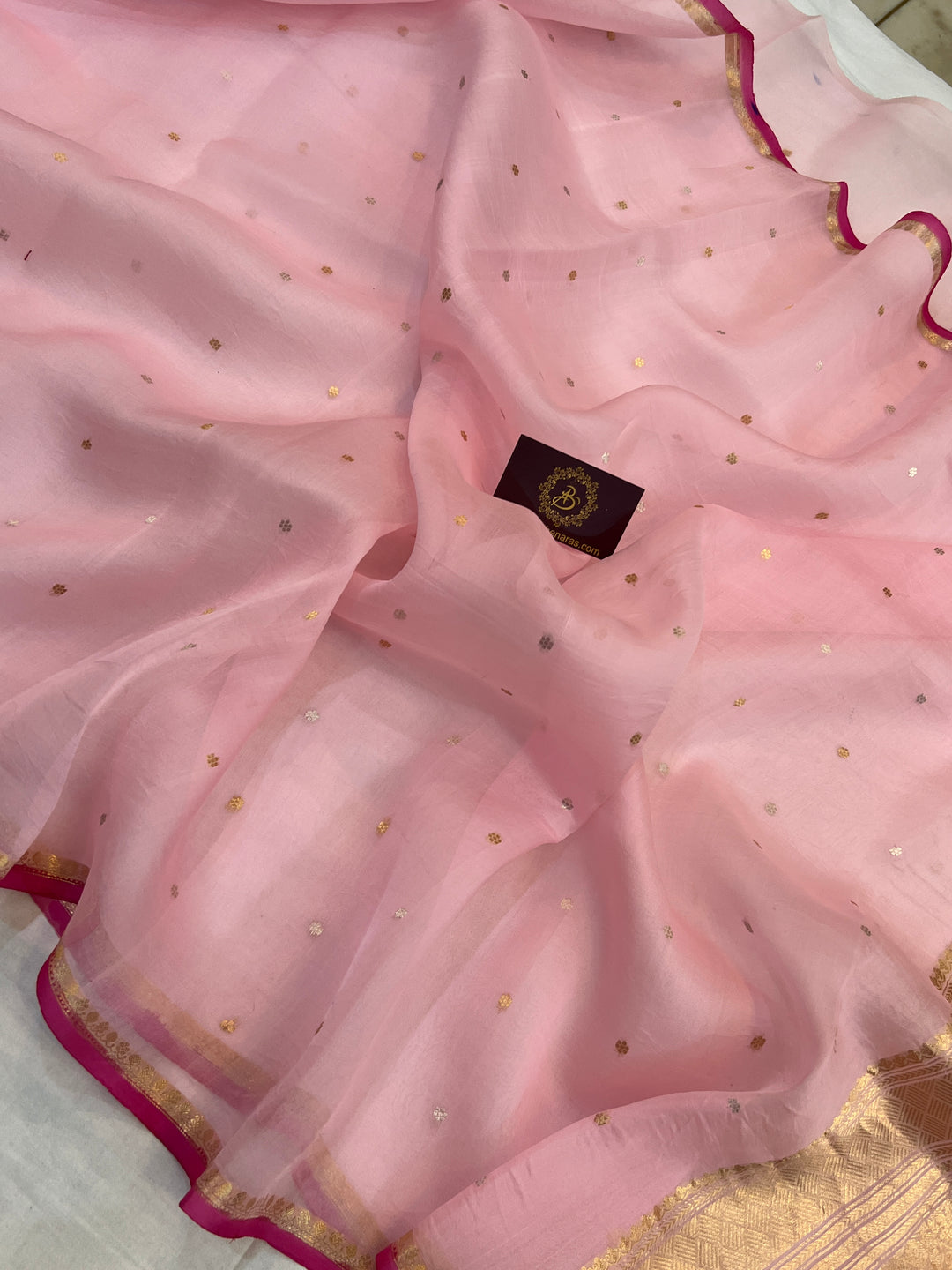 Baby Pink Kora Silk Banarasi Saree with Zari Butis 