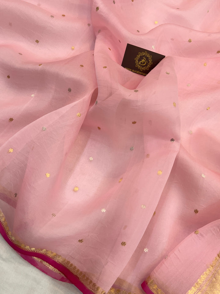 Baby Pink Kora Silk Banarasi Saree with Zari Butis 