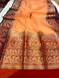 Peach Banarasi Handloom Kora Silk Saree - Aura Benaras