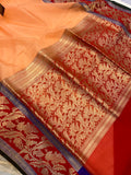 Peach Banarasi Handloom Kora Silk Saree - Aura Benaras