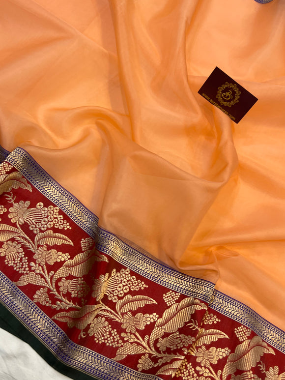 Peach Banarasi Handloom Kora Silk Saree - Aura Benaras