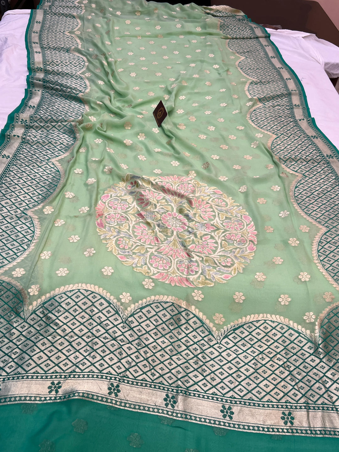  Pista Green Khaddi Georgette Banarasi Saree with Floral Butis
