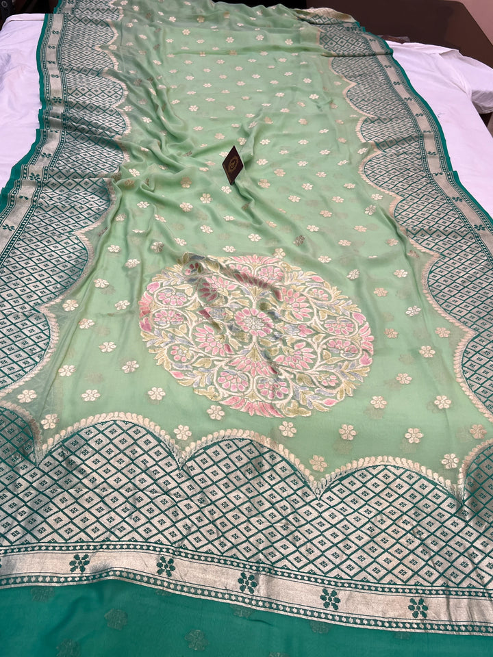  Pista Green Khaddi Georgette Banarasi Saree with Floral Butis